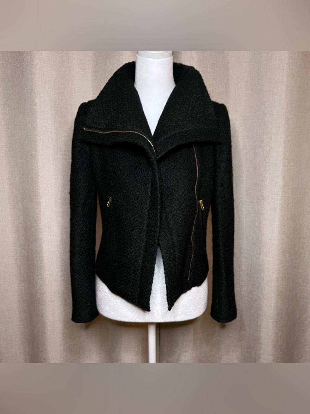 Vintage Y2K Juicy Couture Biker Moto Wool Jacket Coat Black Wool Tweed Women’s S - Picture 9 of 15